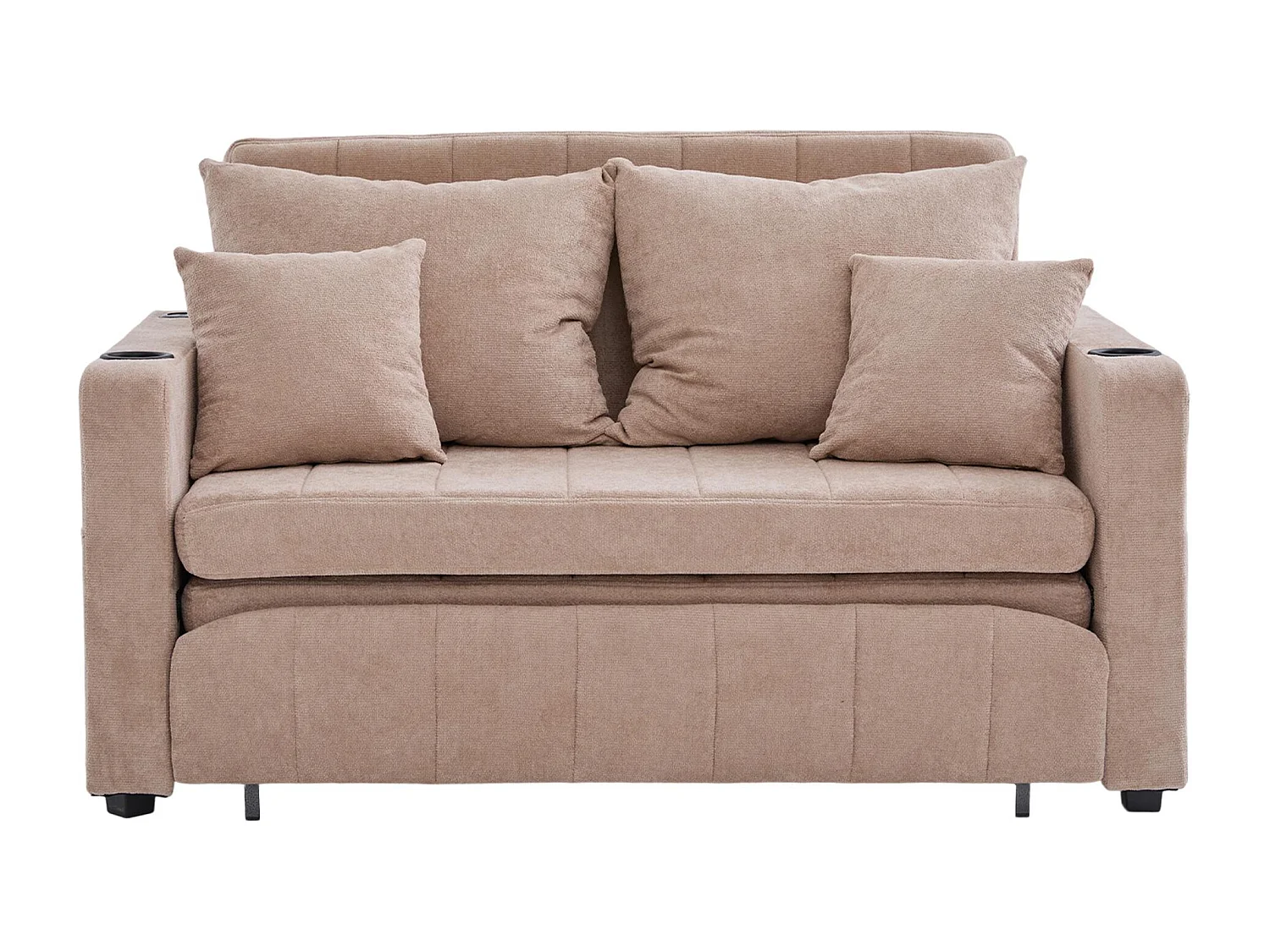 Canapé convertible 2 places en chenille taupe - Canapé-lit avec accoudoirs porte-gobelets - port USB intégré - Idéal pour petit espace ou bureau