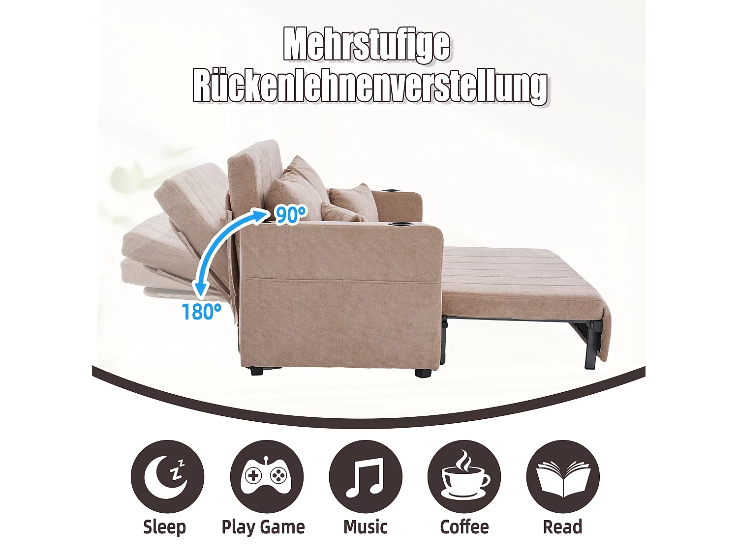 Canapé convertible 2 places en chenille taupe - Canapé-lit avec accoudoirs porte-gobelets - port USB intégré - Idéal pour petit espace ou bureau