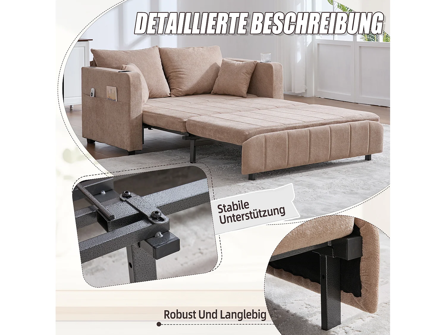 Canapé convertible 2 places en chenille taupe - Canapé-lit avec accoudoirs porte-gobelets - port USB intégré - Idéal pour petit espace ou bureau