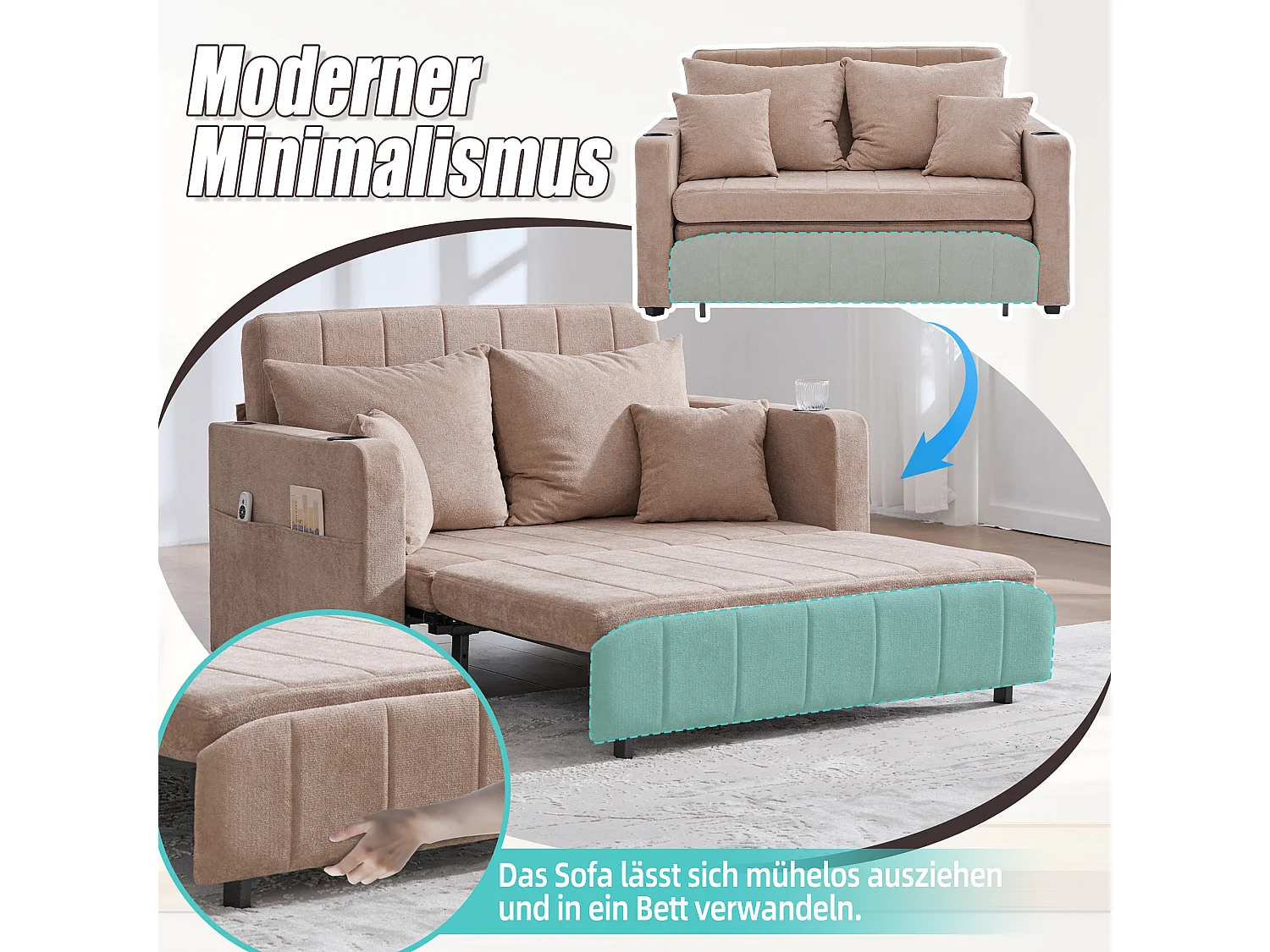 Canapé convertible 2 places en chenille taupe - Canapé-lit avec accoudoirs porte-gobelets - port USB intégré - Idéal pour petit espace ou bureau