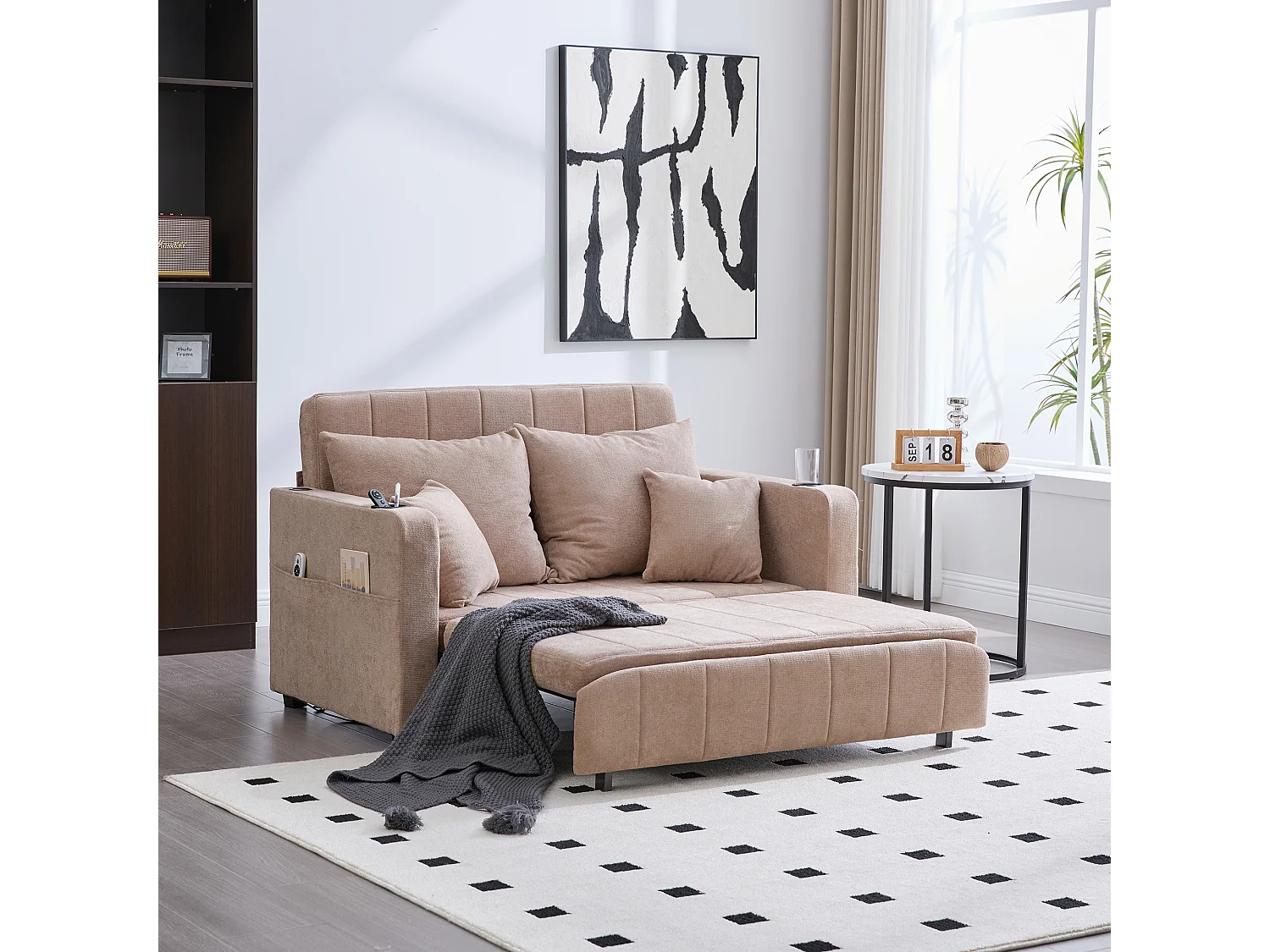 Canapé convertible 2 places en chenille taupe - Canapé-lit avec accoudoirs porte-gobelets - port USB intégré - Idéal pour petit espace ou bureau