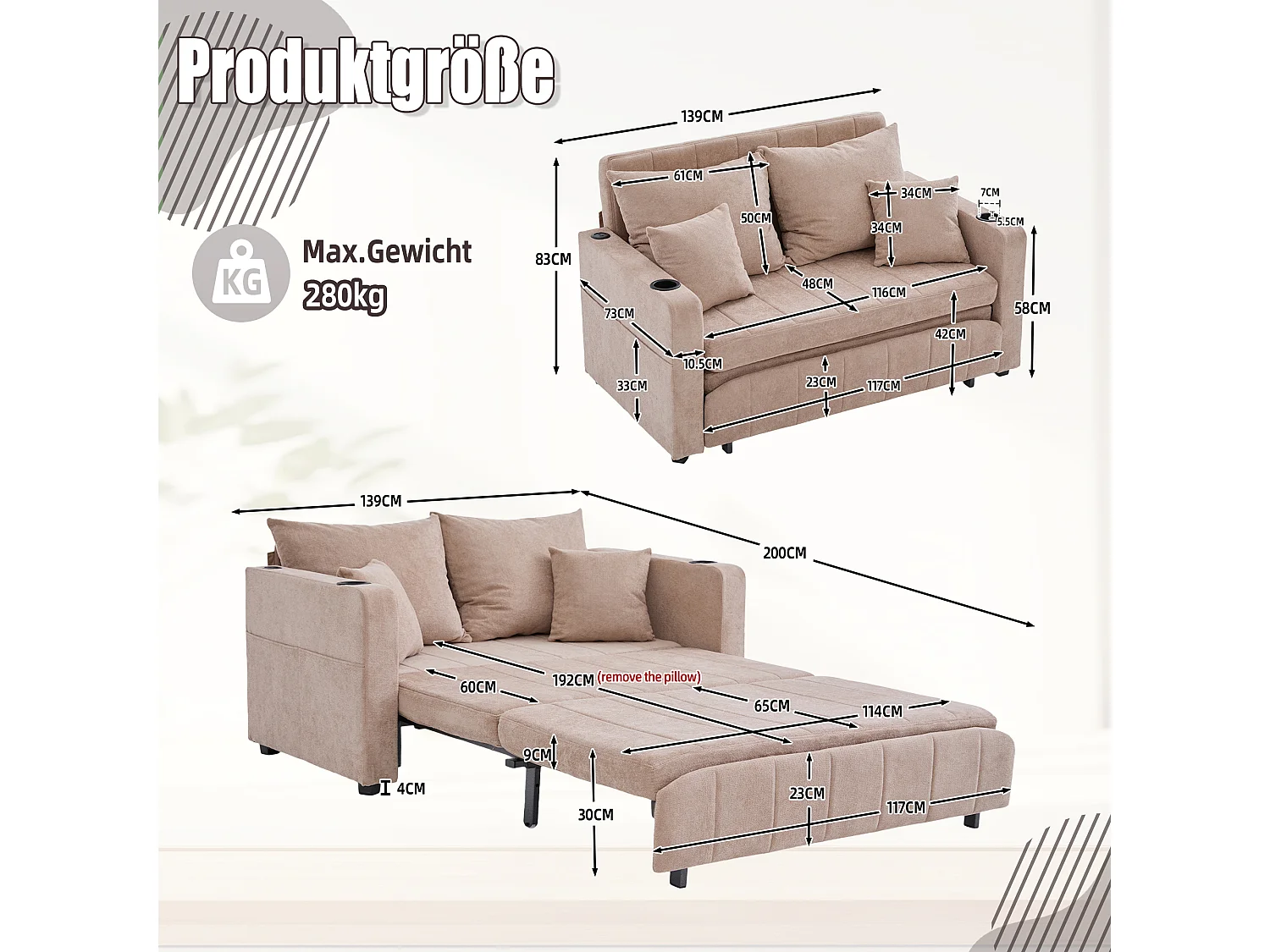 Canapé convertible 2 places en chenille taupe - Canapé-lit avec accoudoirs porte-gobelets - port USB intégré - Idéal pour petit espace ou bureau