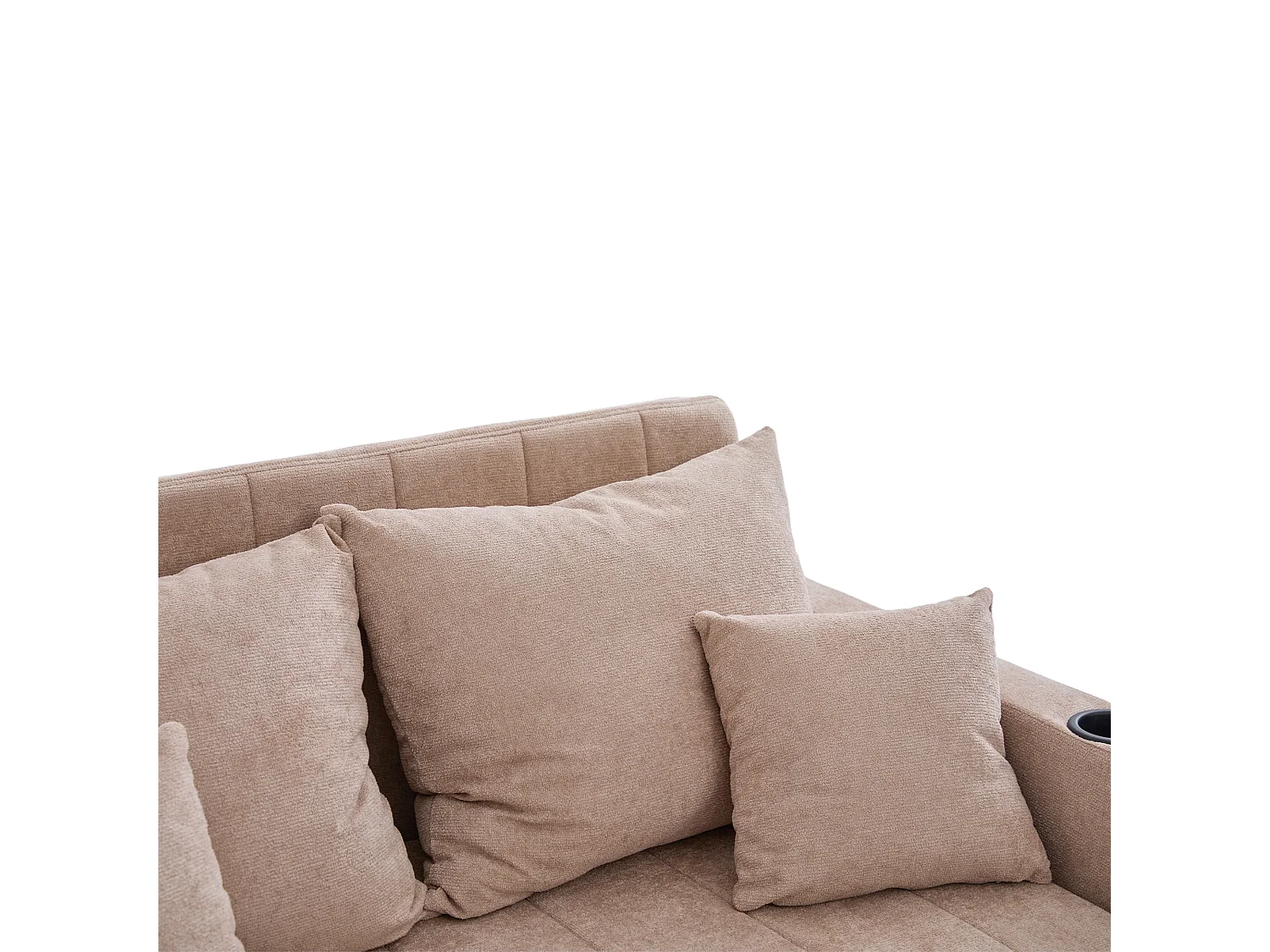 Canapé convertible 2 places en chenille taupe - Canapé-lit avec accoudoirs porte-gobelets - port USB intégré - Idéal pour petit espace ou bureau