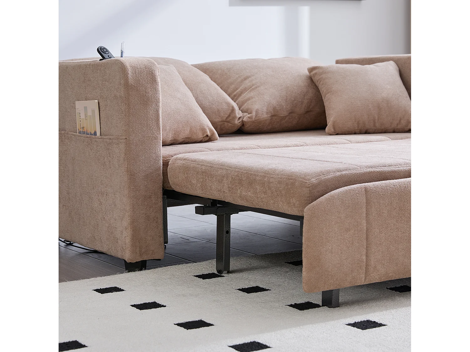 Canapé convertible 2 places en chenille taupe - Canapé-lit avec accoudoirs porte-gobelets - port USB intégré - Idéal pour petit espace ou bureau