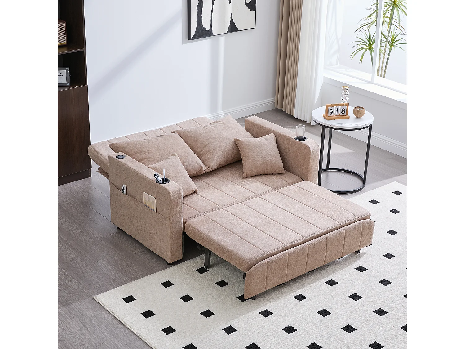 Canapé convertible 2 places en chenille taupe - Canapé-lit avec accoudoirs porte-gobelets - port USB intégré - Idéal pour petit espace ou bureau