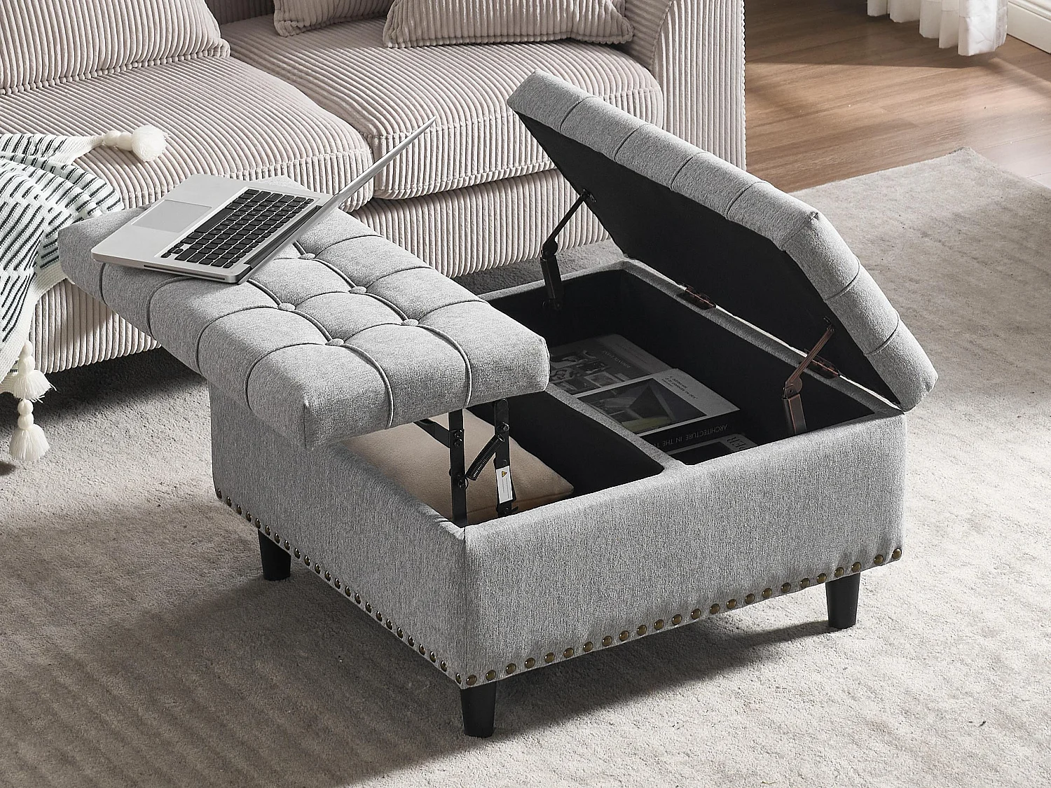 Pouf coffre en tissu coton‑lin gris - Repose-pieds – mousse haute résilience