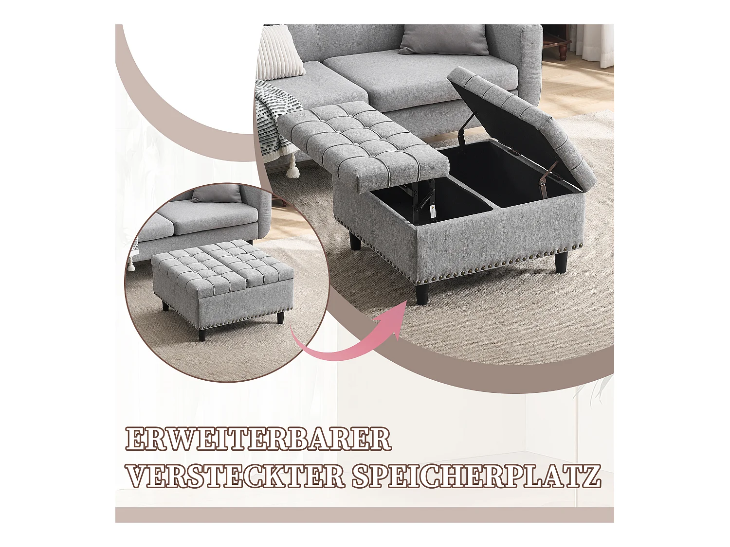 Pouf coffre en tissu coton‑lin gris - Repose-pieds – mousse haute résilience