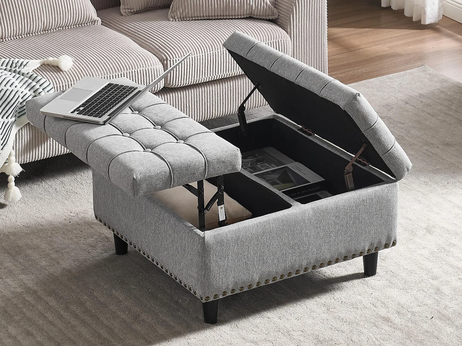 Pouf coffre en tissu coton‑lin gris - Repose-pieds – mousse haute résilience