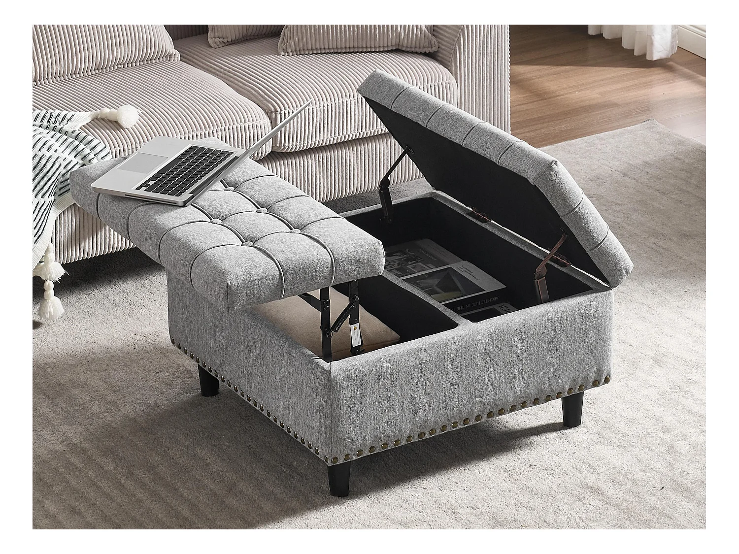 Pouf coffre en tissu coton‑lin gris - Repose-pieds – mousse haute résilience