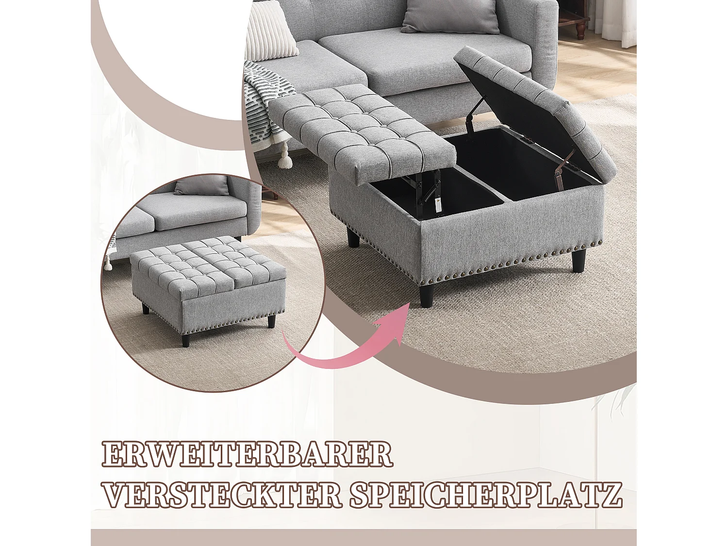 Pouf coffre en tissu coton‑lin gris - Repose-pieds – mousse haute résilience