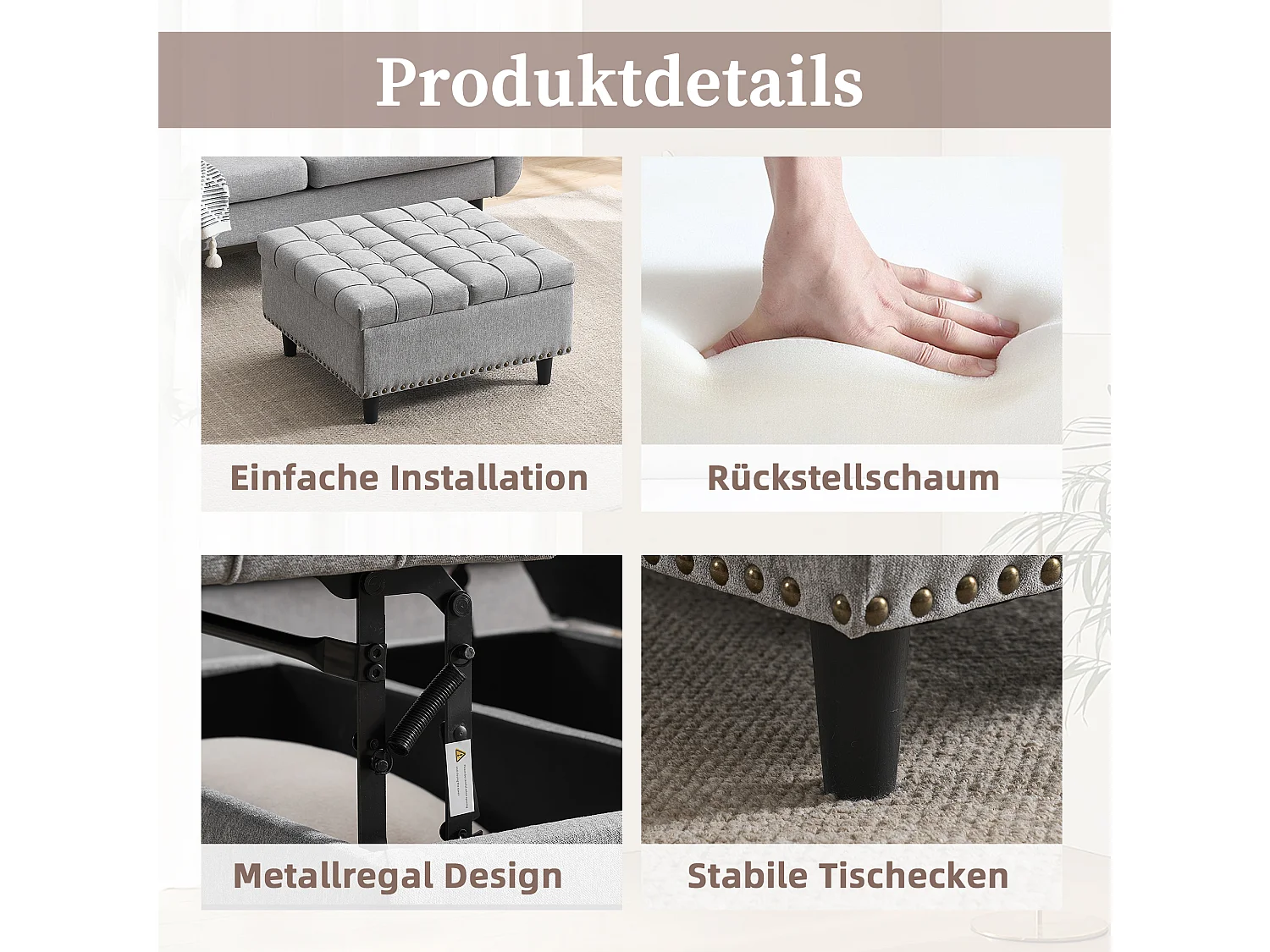 Pouf coffre en tissu coton‑lin gris - Repose-pieds – mousse haute résilience