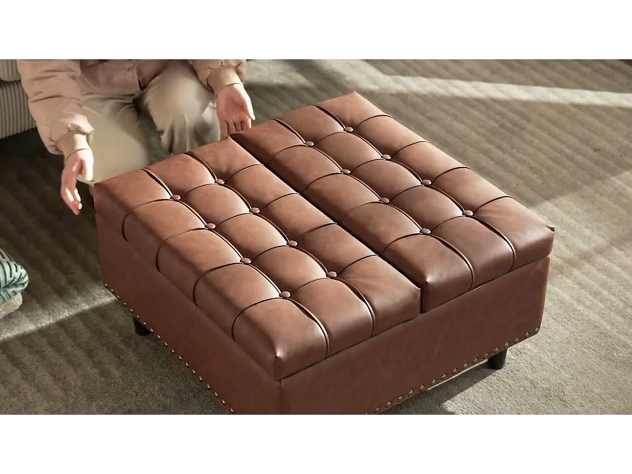 Pouf coffre en tissu coton‑lin gris - Repose-pieds – mousse haute résilience