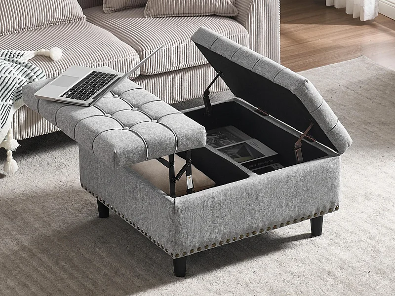 Pouf coffre en tissu coton‑lin gris - Repose-pieds – mousse haute résilience