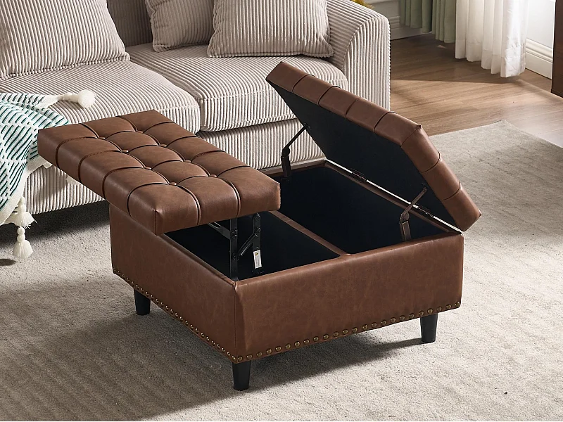 Pouf coffre en simili-cuir marron - Repose-pieds – mousse haute résilience - idéal pour le salon ou l’entrée