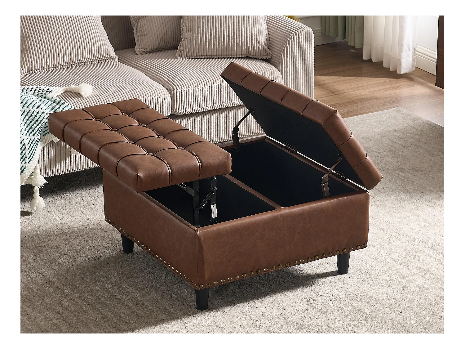 Pouf coffre en simili-cuir marron - Repose-pieds – mousse haute résilience - idéal pour le salon ou l’entrée