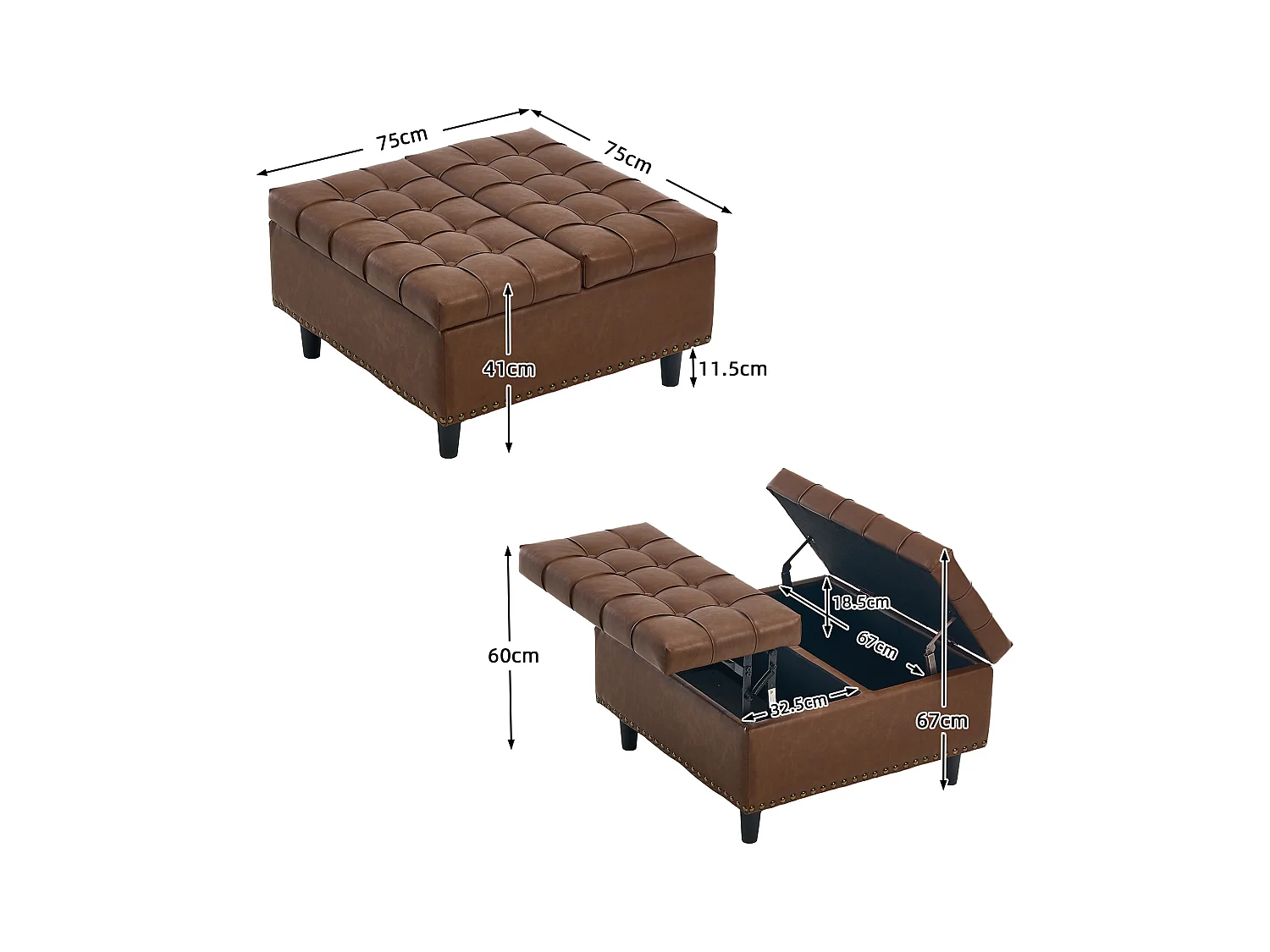 Pouf coffre en simili-cuir marron - Repose-pieds – mousse haute résilience - idéal pour le salon ou l’entrée