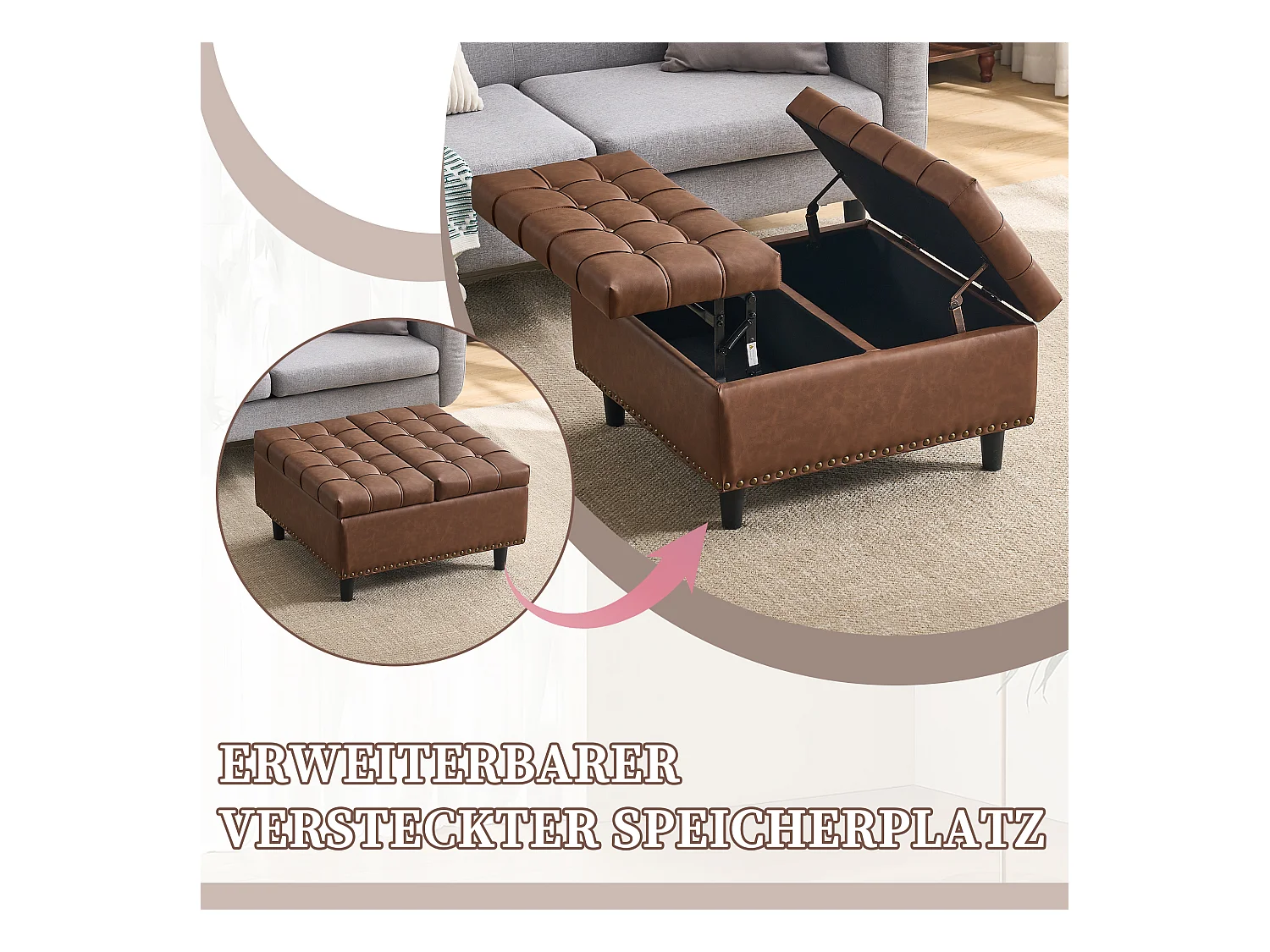 Pouf coffre en simili-cuir marron - Repose-pieds – mousse haute résilience - idéal pour le salon ou l’entrée