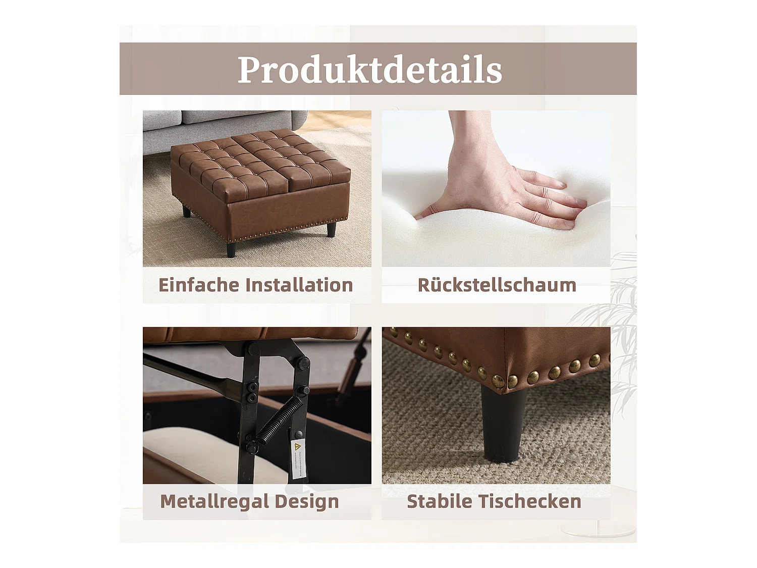 Pouf coffre en simili-cuir marron - Repose-pieds – mousse haute résilience - idéal pour le salon ou l’entrée