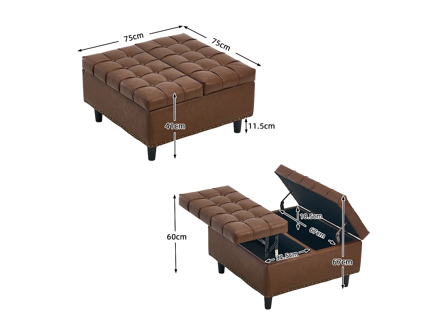 Pouf coffre en simili-cuir marron - Repose-pieds – mousse haute résilience - idéal pour le salon ou l’entrée