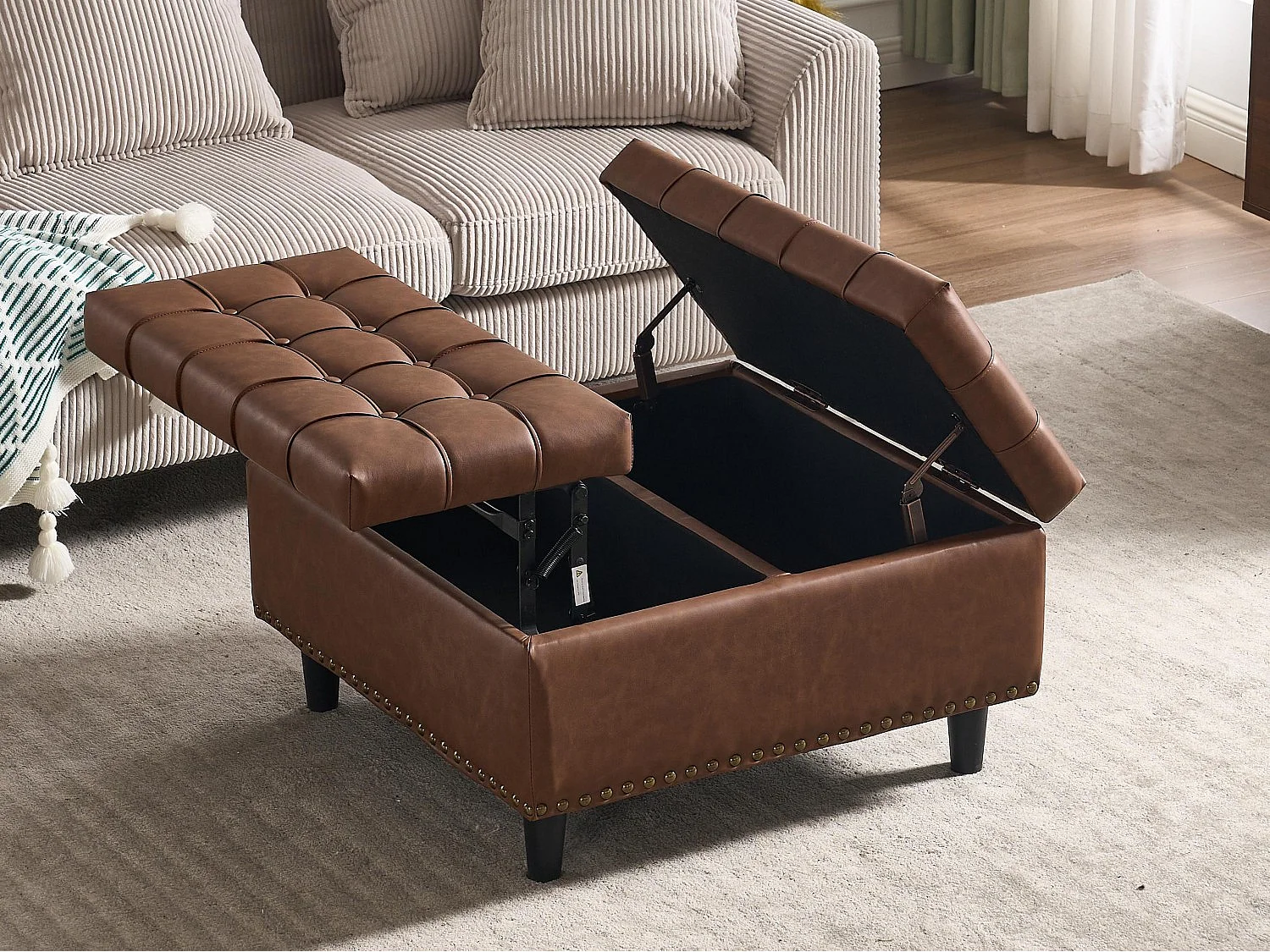 Pouf coffre en simili-cuir marron - Repose-pieds – mousse haute résilience - idéal pour le salon ou l’entrée