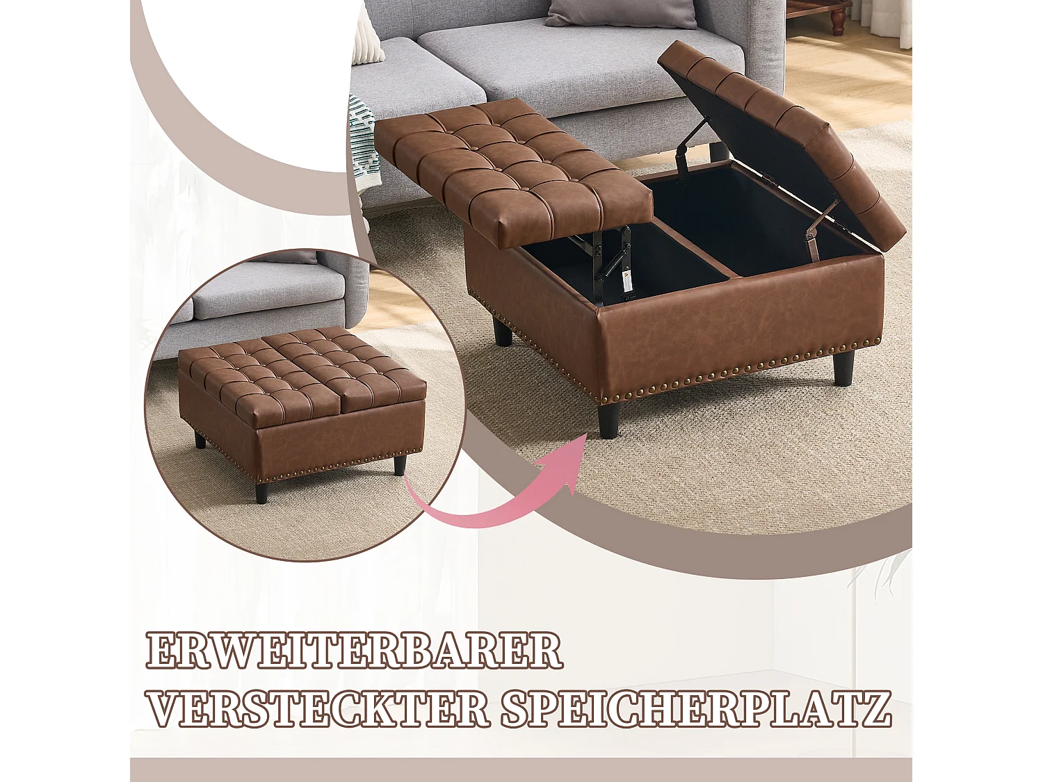 Pouf coffre en simili-cuir marron - Repose-pieds – mousse haute résilience - idéal pour le salon ou l’entrée