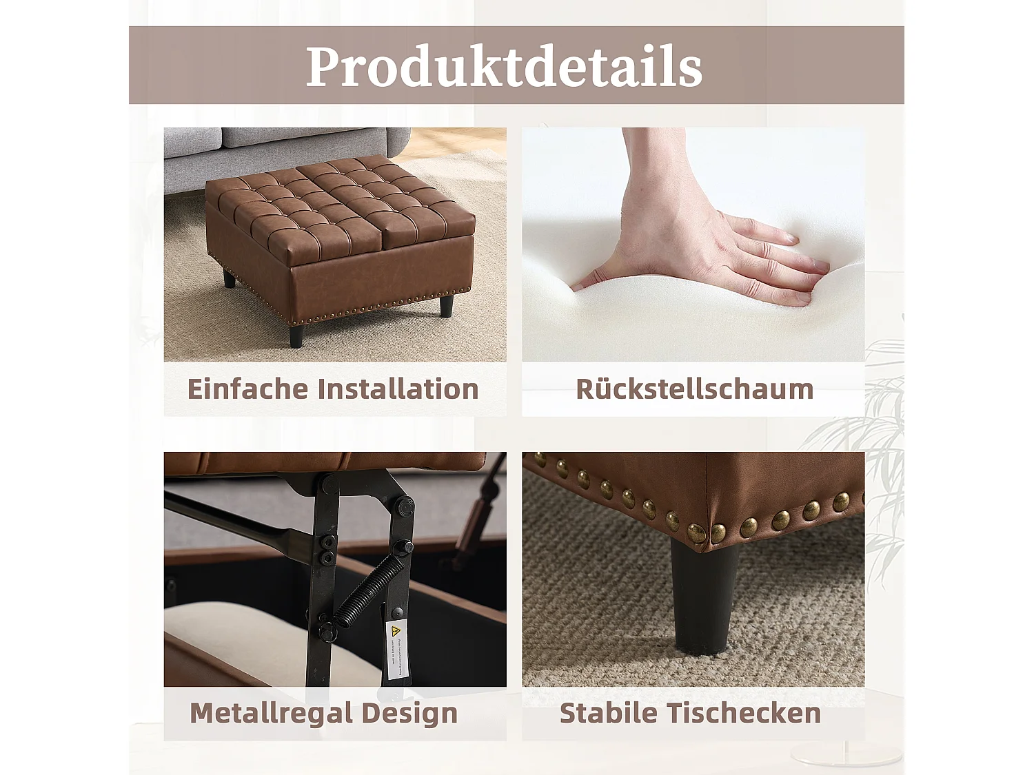 Pouf coffre en simili-cuir marron - Repose-pieds – mousse haute résilience - idéal pour le salon ou l’entrée