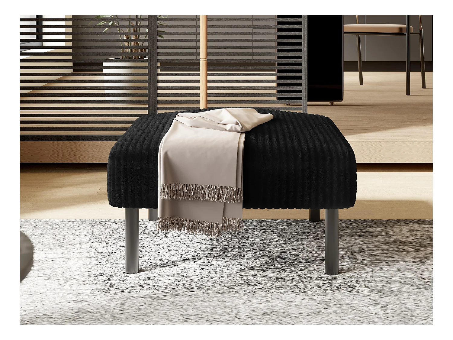 Pouf velours côtelé beige à assise haute résilience - Pouf multifonction - Idéal pour salon cosy ou chambre