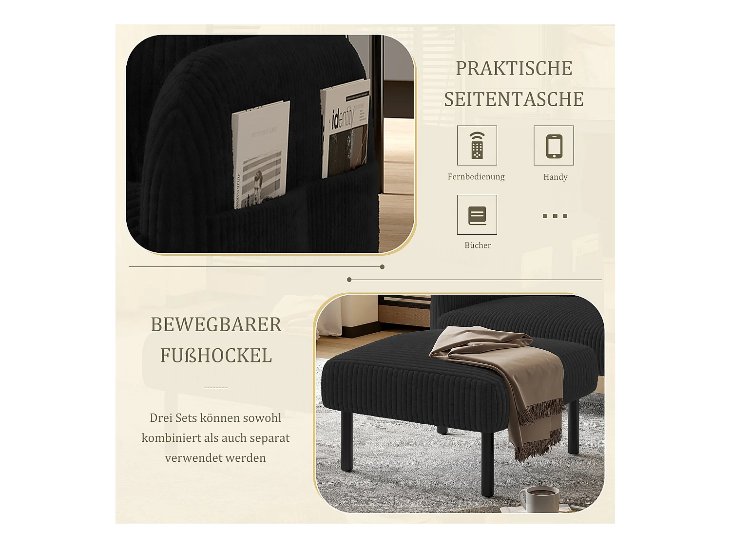 Pouf velours côtelé beige à assise haute résilience - Pouf multifonction - Idéal pour salon cosy ou chambre