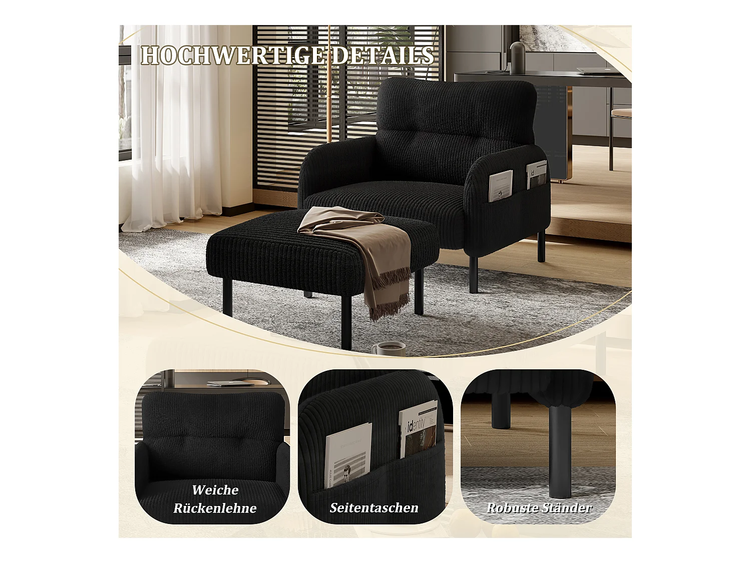 Pouf velours côtelé beige à assise haute résilience - Pouf multifonction - Idéal pour salon cosy ou chambre