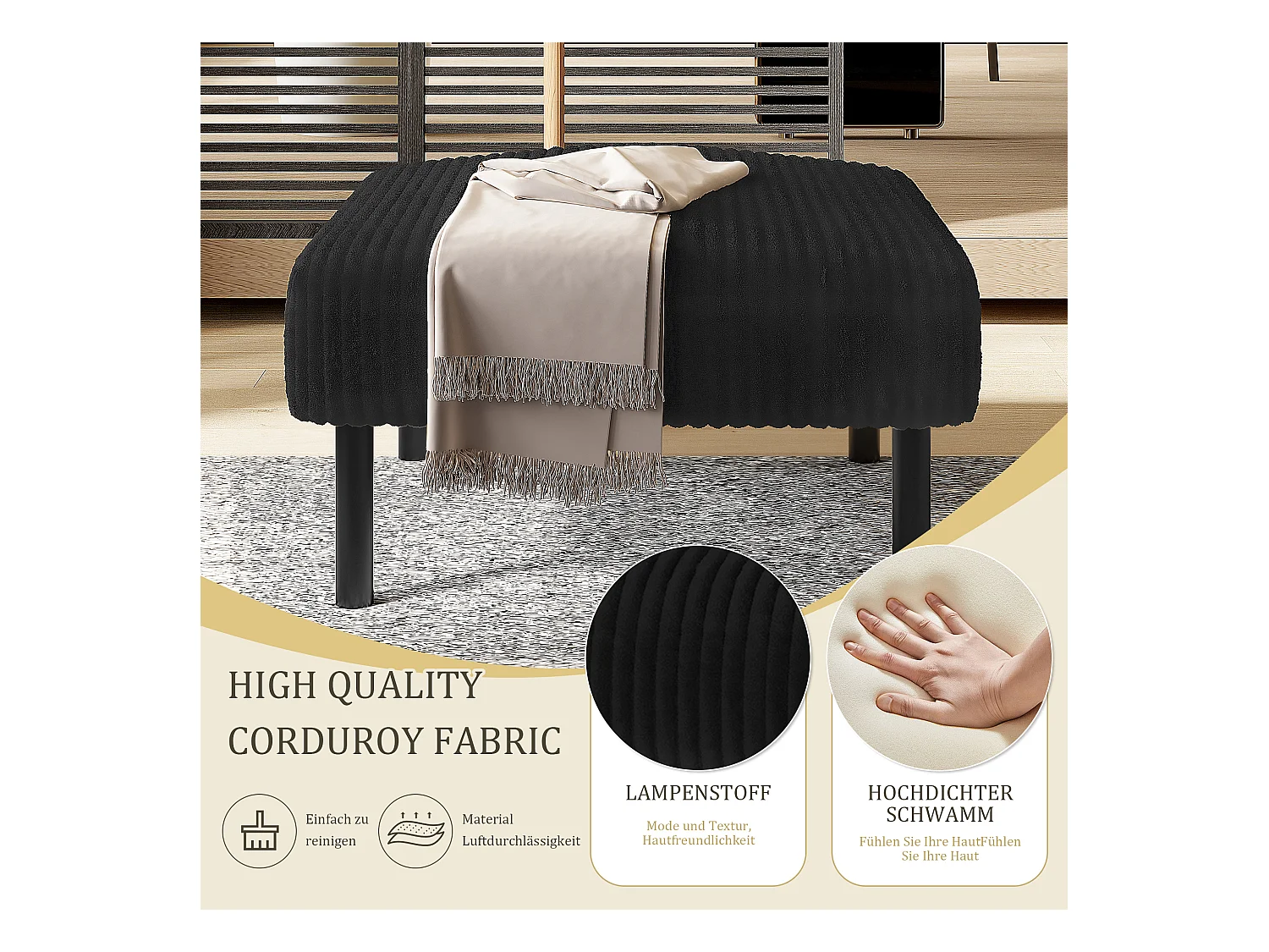 Pouf velours côtelé beige à assise haute résilience - Pouf multifonction - Idéal pour salon cosy ou chambre