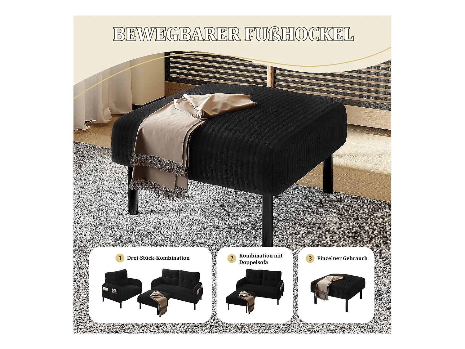 Pouf velours côtelé beige à assise haute résilience - Pouf multifonction - Idéal pour salon cosy ou chambre