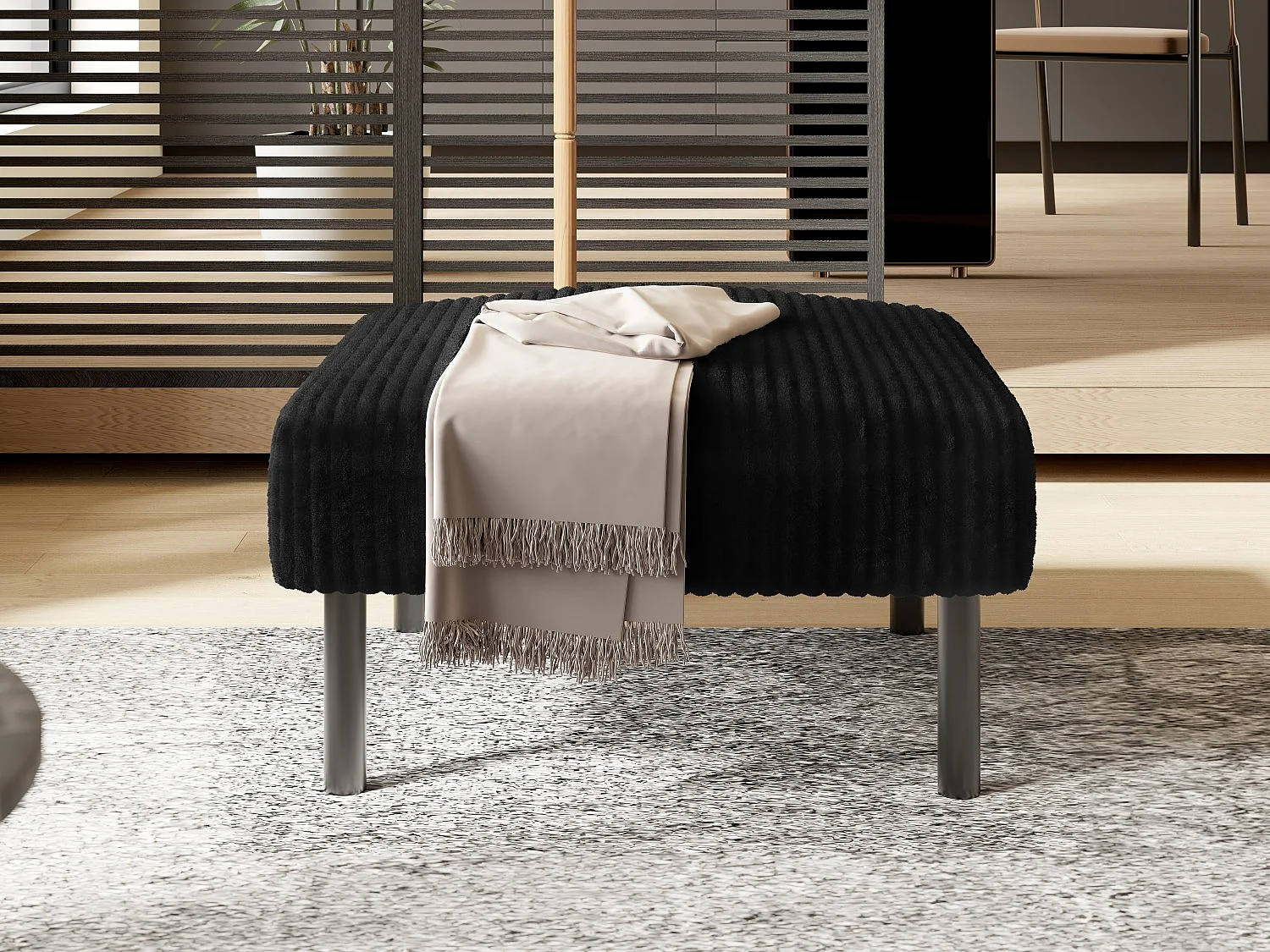 Pouf velours côtelé beige à assise haute résilience - Pouf multifonction - Idéal pour salon cosy ou chambre