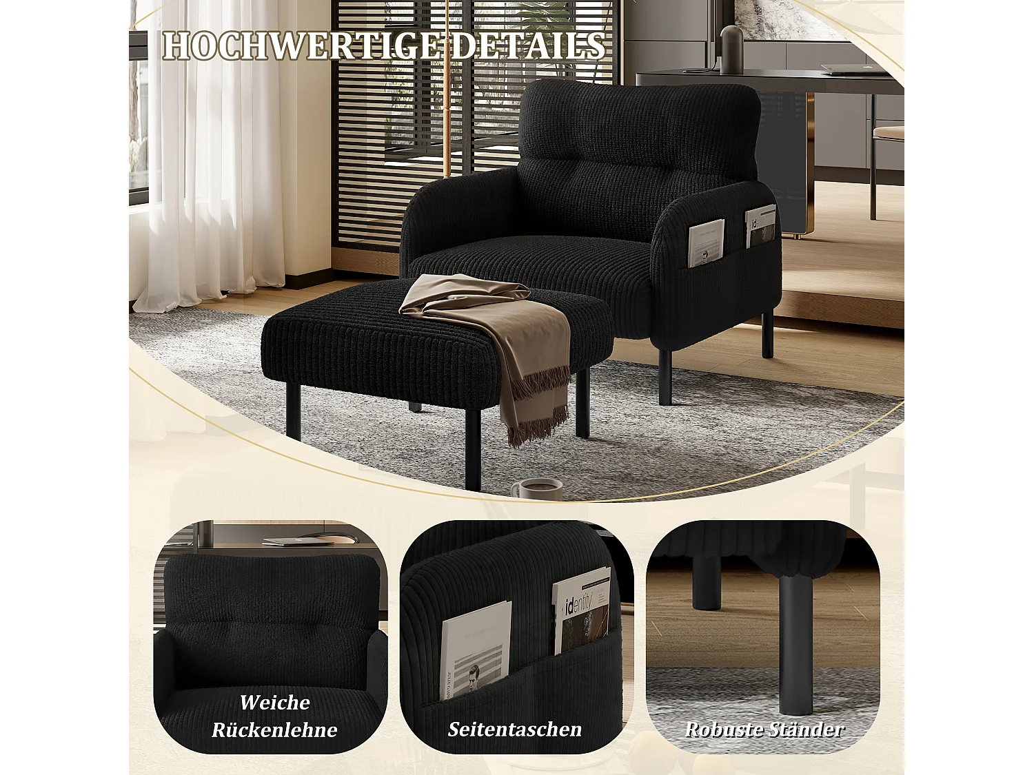 Pouf velours côtelé beige à assise haute résilience - Pouf multifonction - Idéal pour salon cosy ou chambre