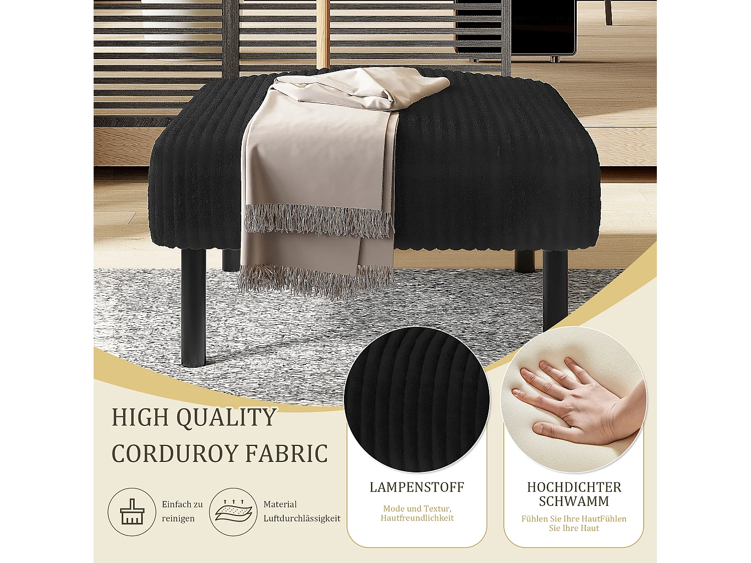 Pouf velours côtelé beige à assise haute résilience - Pouf multifonction - Idéal pour salon cosy ou chambre