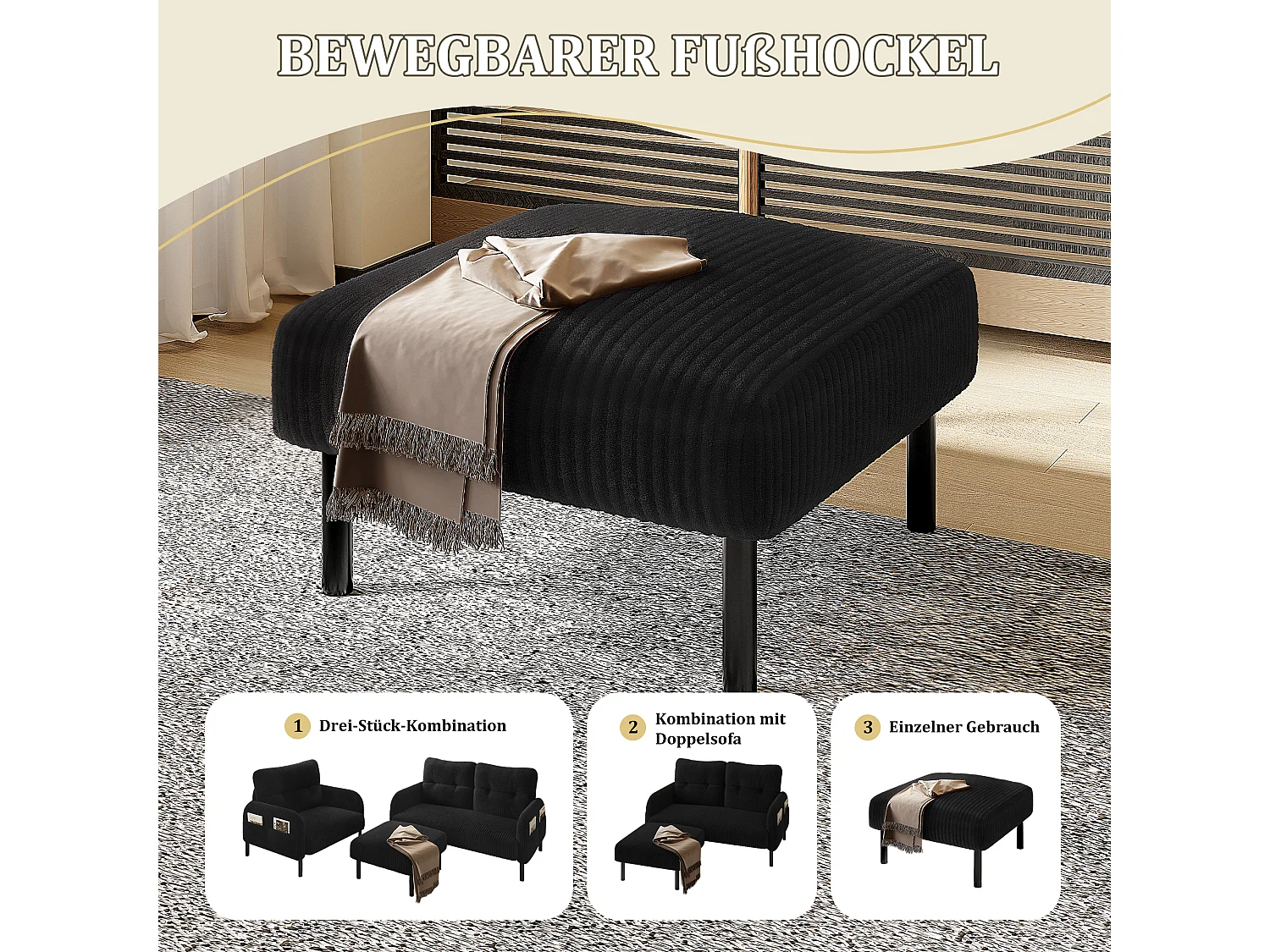 Corduroy poef met veerkrachtige zitting - Multifunctionele poef - Ideaal voor een gezellige woonkamer of slaapkamer