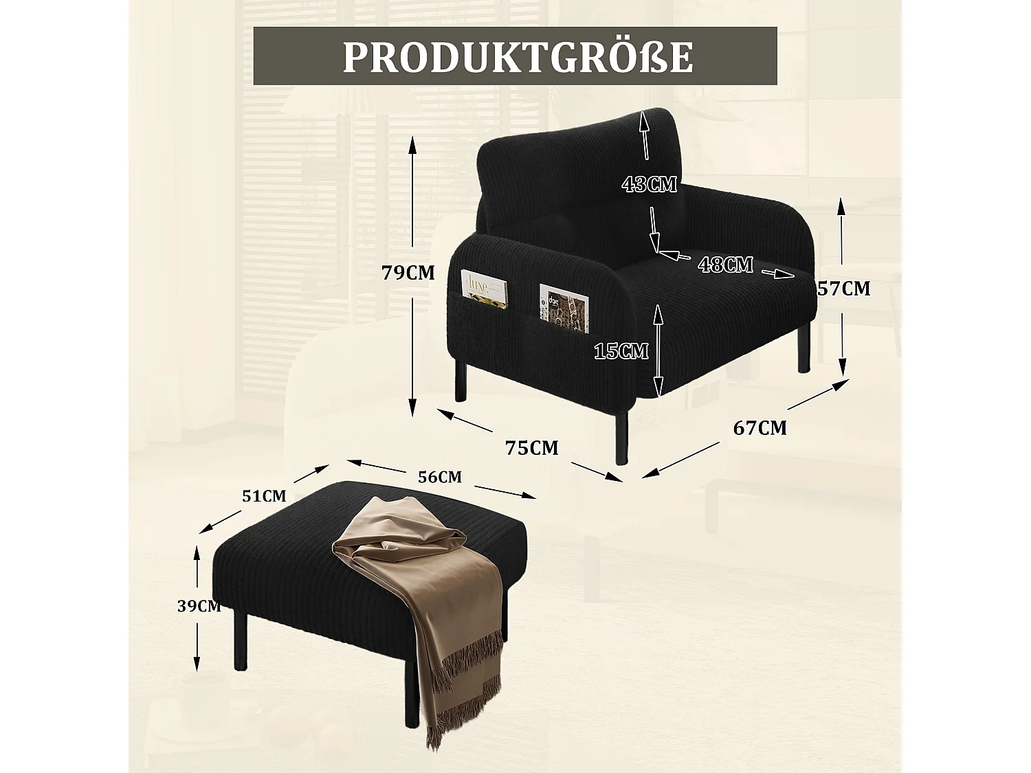 Pouf velours côtelé beige à assise haute résilience - Pouf multifonction - Idéal pour salon cosy ou chambre