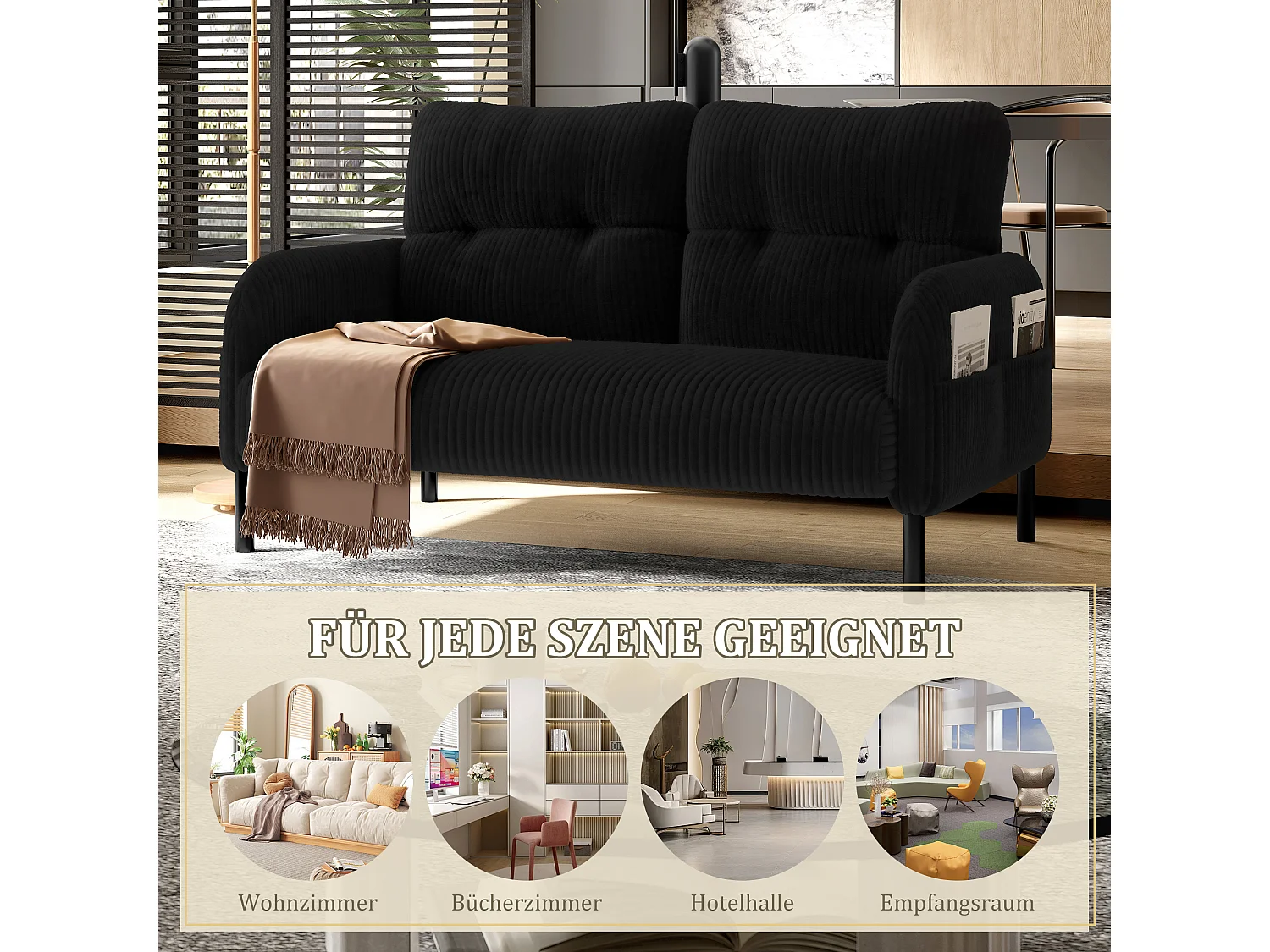 Canapé 2 places en velours côtelé noir - Canapé modulable avec Poches Latérales - Idéal pour petit salon, studio ou chambre d'étudiant