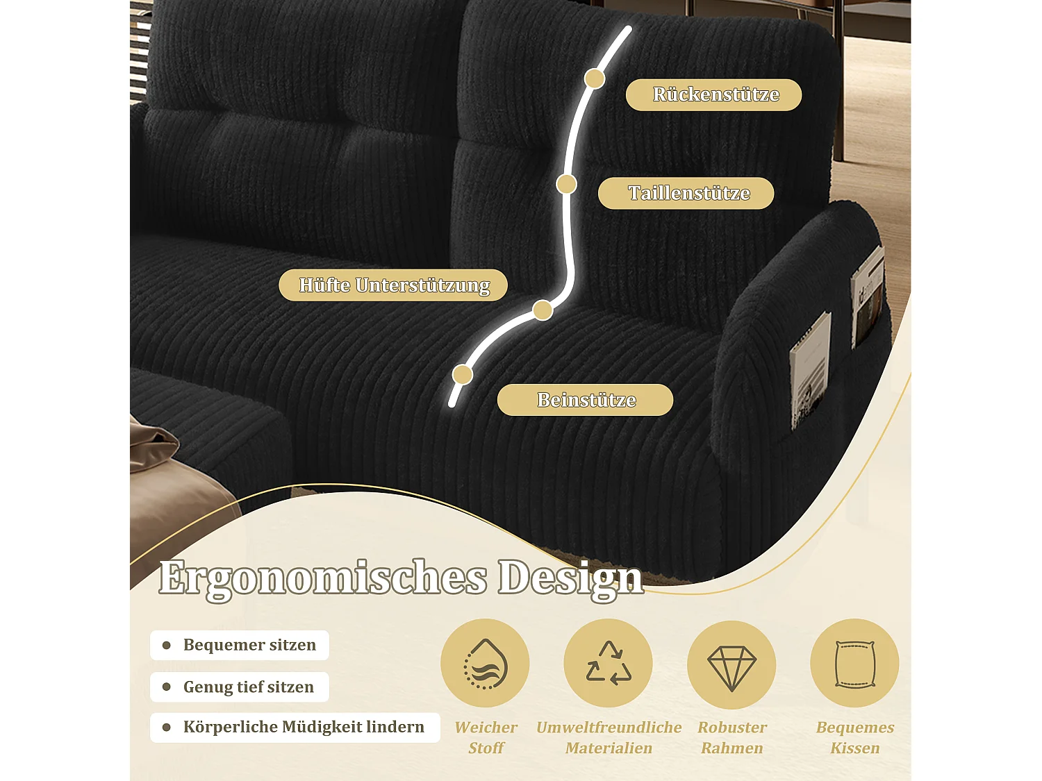 Canapé 2 places en velours côtelé noir - Canapé modulable avec Poches Latérales - Idéal pour petit salon, studio ou chambre d'étudiant