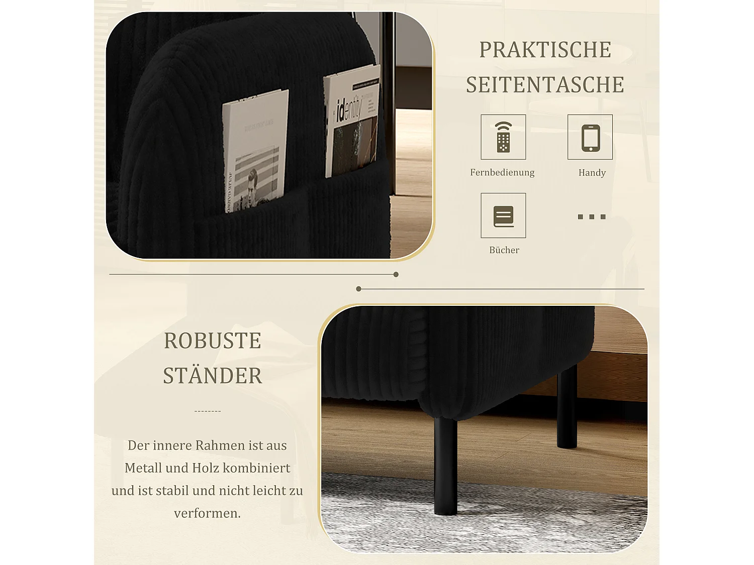 Canapé 2 places en velours côtelé noir - Canapé modulable avec Poches Latérales - Idéal pour petit salon, studio ou chambre d'étudiant