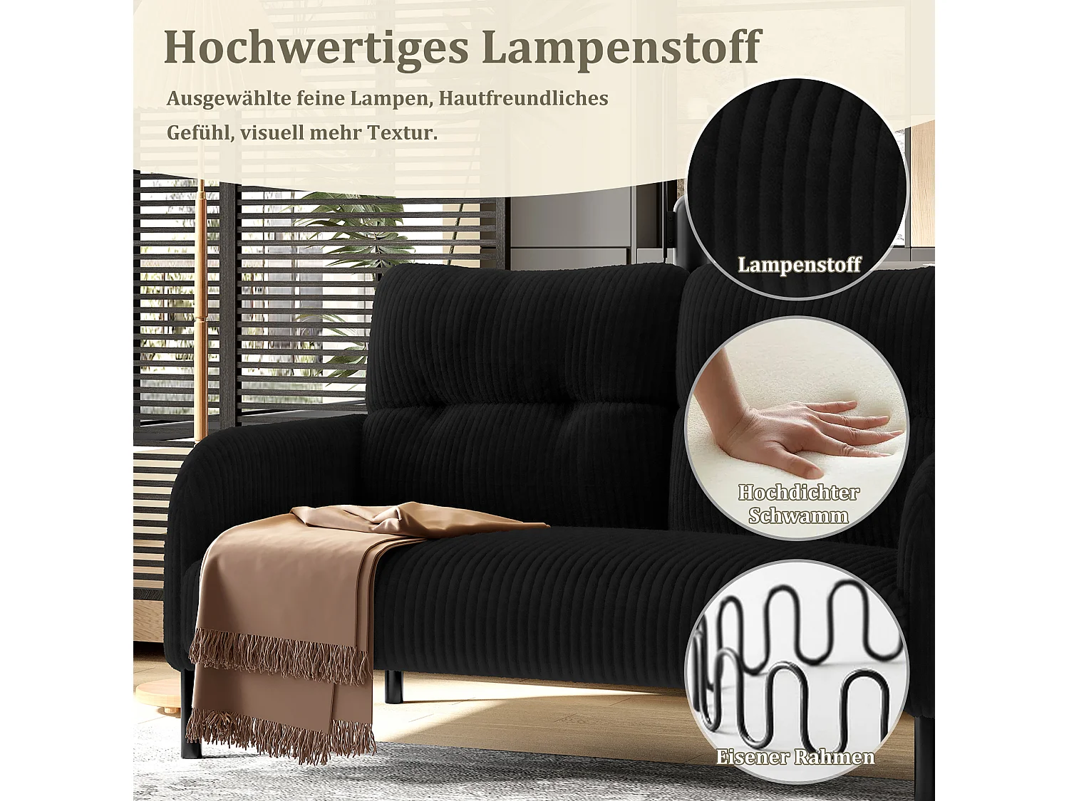 Canapé 2 places en velours côtelé noir - Canapé modulable avec Poches Latérales - Idéal pour petit salon, studio ou chambre d'étudiant