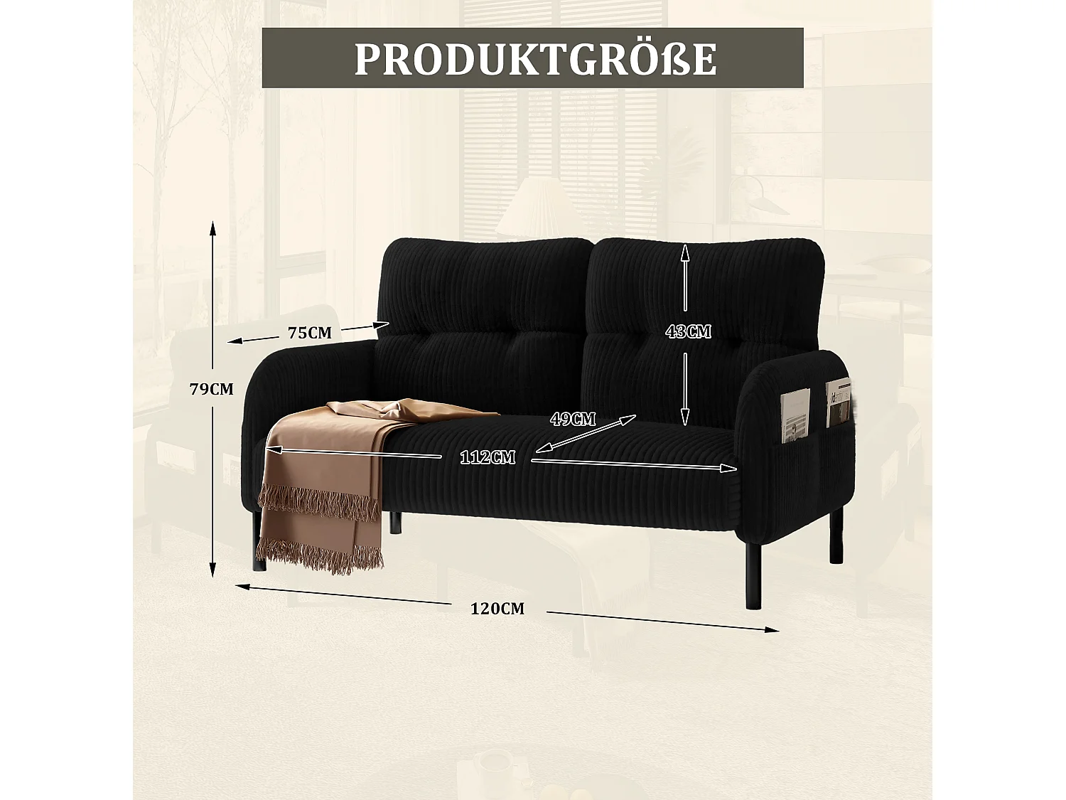 Canapé 2 places en velours côtelé noir - Canapé modulable avec Poches Latérales - Idéal pour petit salon, studio ou chambre d'étudiant