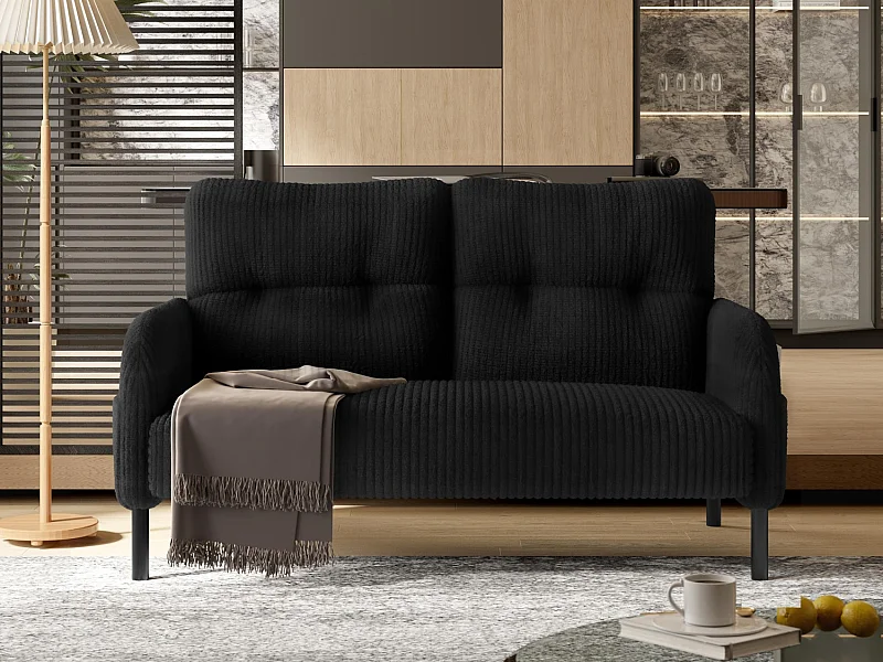 Canapé 2 places en velours côtelé noir - Canapé modulable avec Poches Latérales - Idéal pour petit salon, studio ou chambre d'étudiant