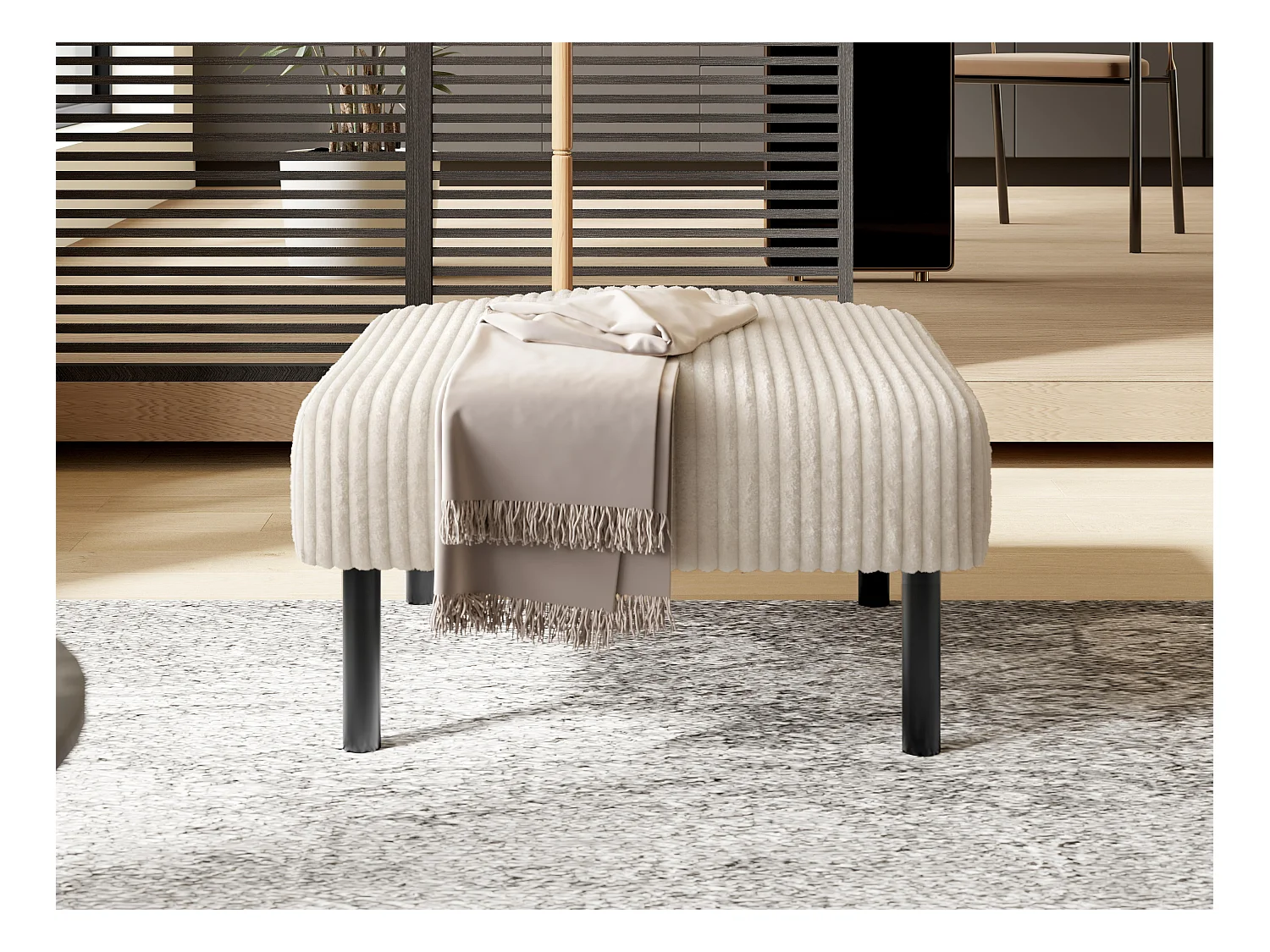 Pouf velours côtelé beige à assise haute résilience - Pouf multifonction - Idéal pour salon cosy ou chambre