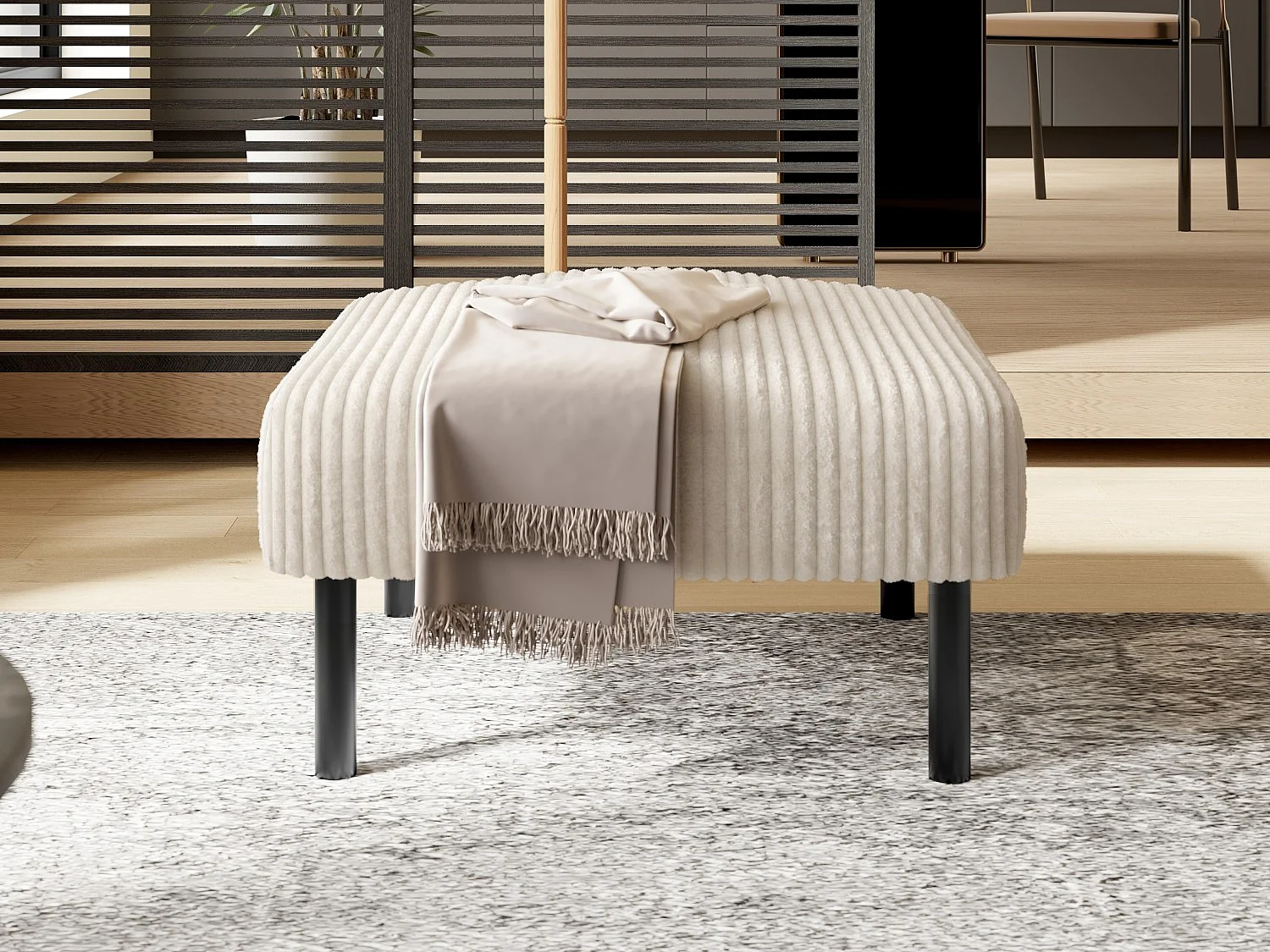 Pouf velours côtelé beige à assise haute résilience - Pouf multifonction - Idéal pour salon cosy ou chambre