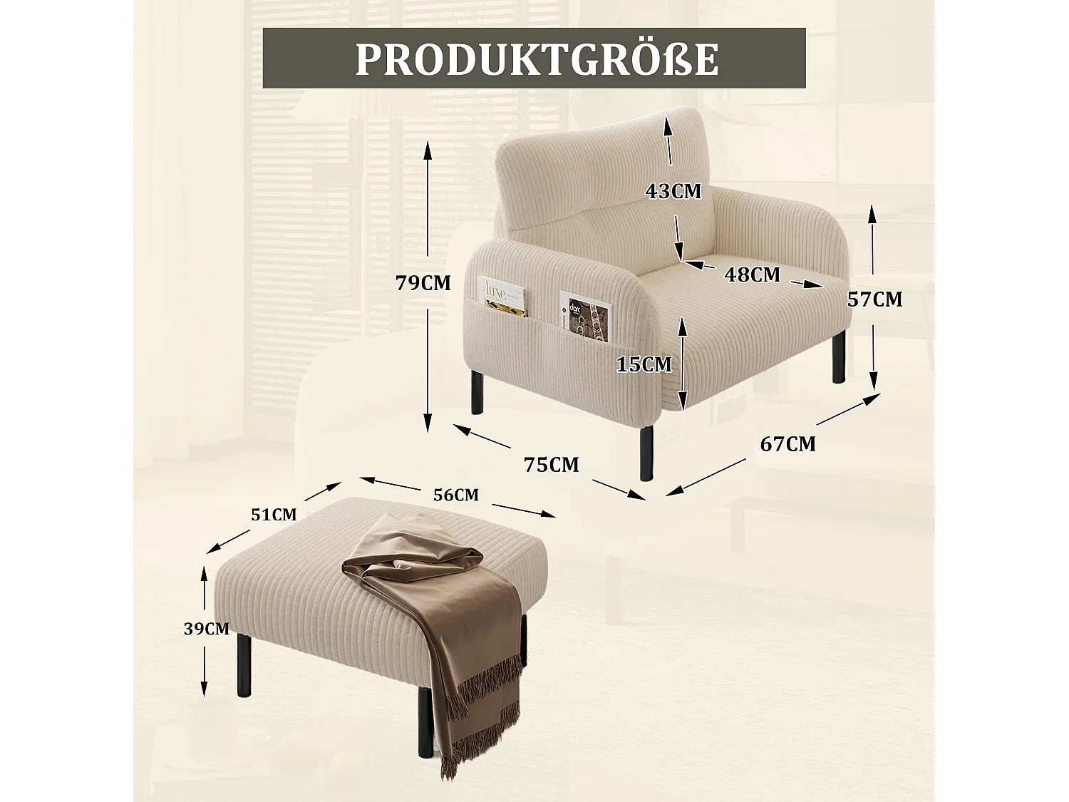 Pouf velours côtelé beige à assise haute résilience - Pouf multifonction - Idéal pour salon cosy ou chambre