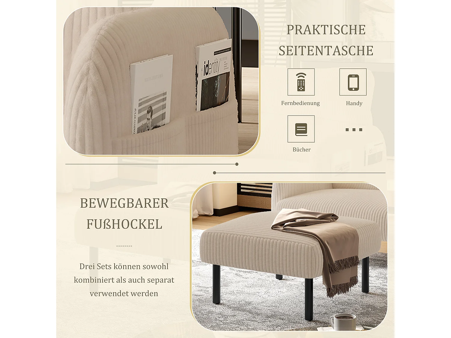 Pouf velours côtelé beige à assise haute résilience - Pouf multifonction - Idéal pour salon cosy ou chambre