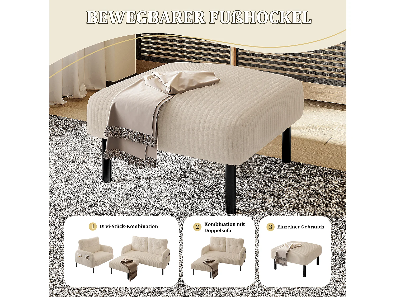 Pouf velours côtelé beige à assise haute résilience - Pouf multifonction - Idéal pour salon cosy ou chambre