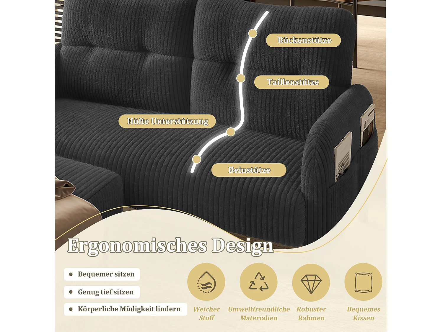 Corduroy 2-zitsbank - Modulaire bank met zijzakken - Ideaal voor kleine woonkamers, studio's of studentenkamers