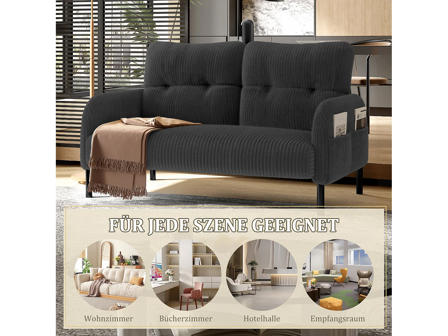 Canapé 2 places en velours côtelé gris - Canapé modulable avec Poches Latérales - Idéal pour petit salon, studio ou chambre d'étudiant