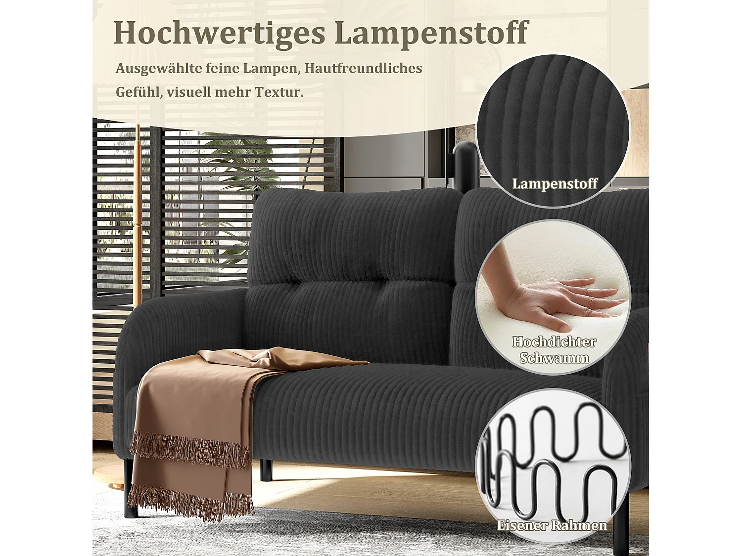 Canapé 2 places en velours côtelé gris - Canapé modulable avec Poches Latérales - Idéal pour petit salon, studio ou chambre d'étudiant